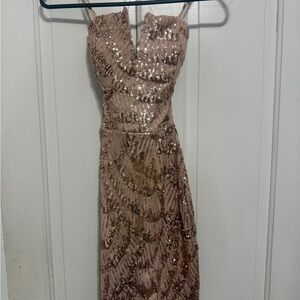 Sequined Rose Gold Evening Dress with Spaghetti Straps